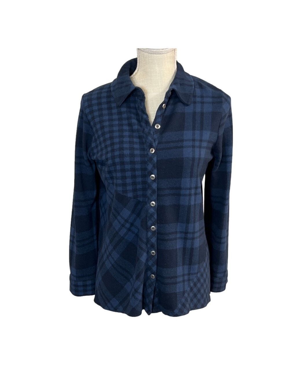Women's Soft Surroundings Navy Plaid Button Up Tunic. Size PM